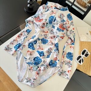 D&G White Long-Sleeve Zip-Front Floral Swim Bodysuitwith Blue & Coral Accents